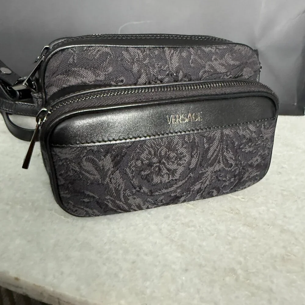 Versace Black Jacquard Fabric and Leather Shoulder Messenger Crossbody, 1012856